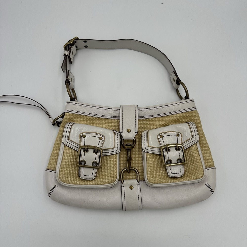 Y2K COACH Legacy Signature Satchel Handbag Buckle White Leather Woven Straw Purs